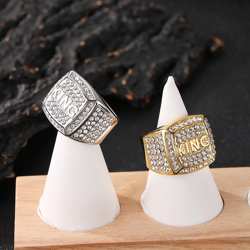 Planderful Zircon Square Ring Gold Plated Hip Hop King Men
