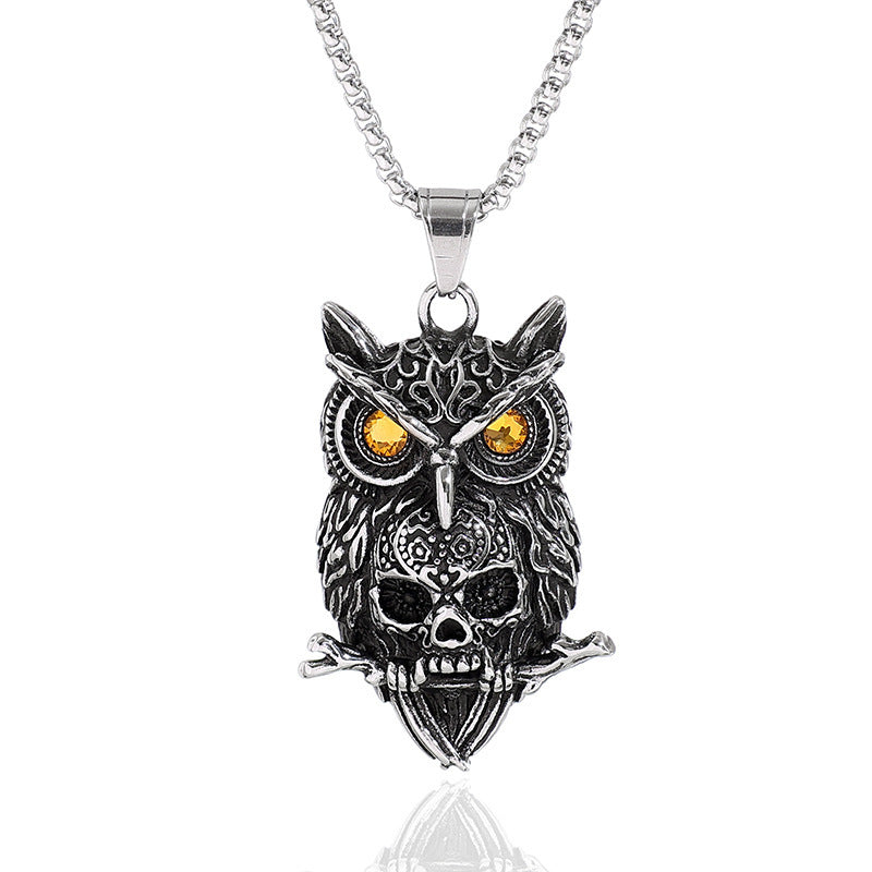 Planderful Owl Skull Pendant Necklace Retro Punk Stainless Steel Statement Jewelry For Goth Fashion