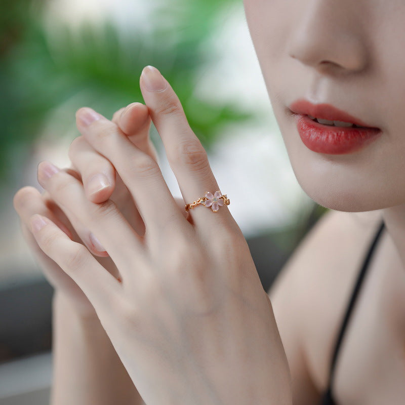 Pear Shape Pink Crystal Luxury Small Floral Opening Silver Ring