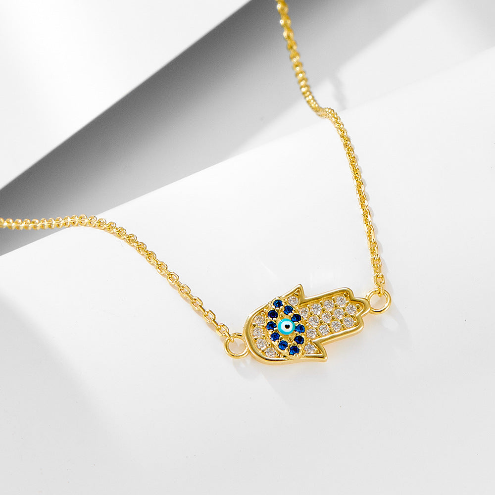 Micro-Inlaid Zircon Devil'S Eye Sterling Silver Necklace Inlaid Dripping Oil Palm Pendant