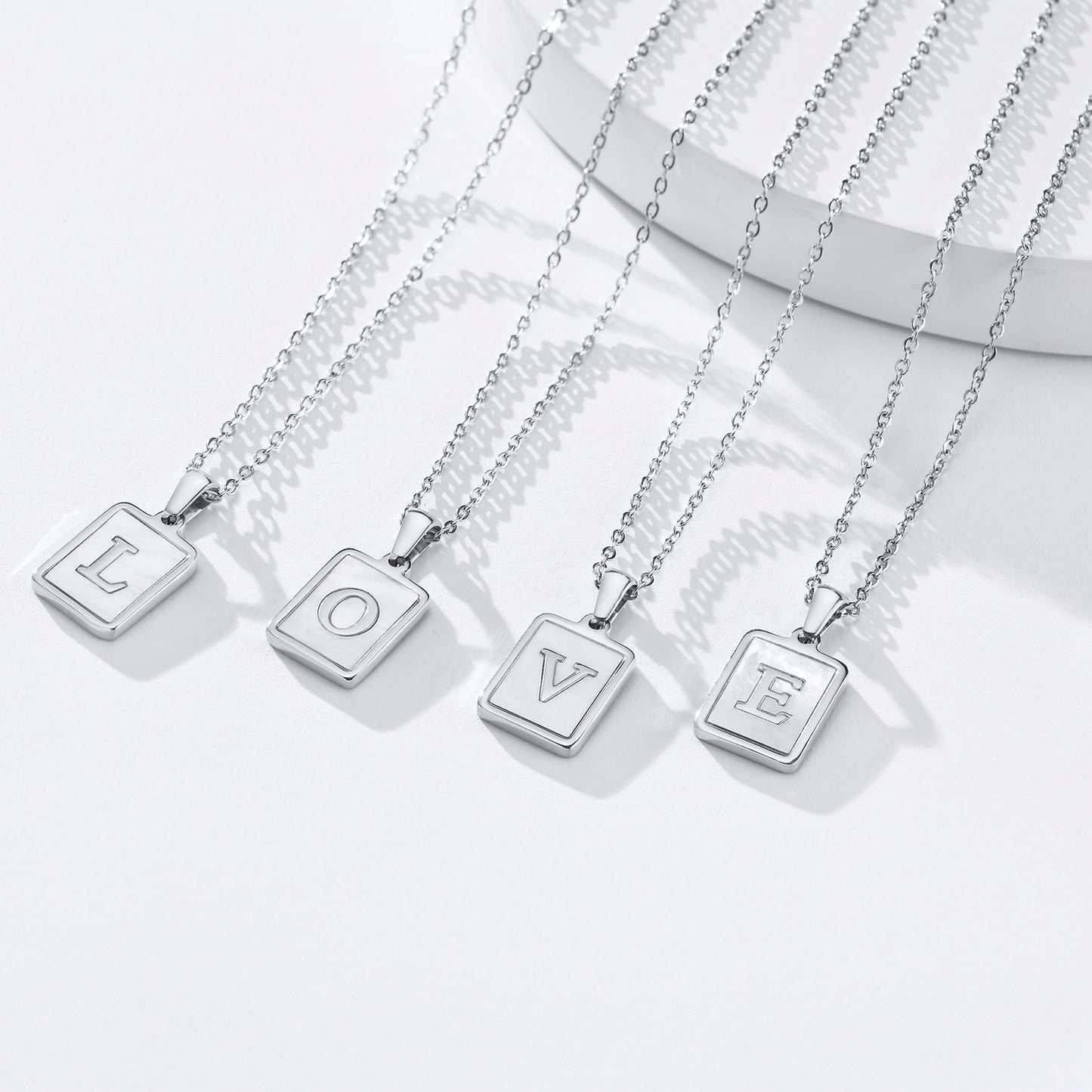 Stainless Steel Shell Square 26 Letter Pendant Necklace