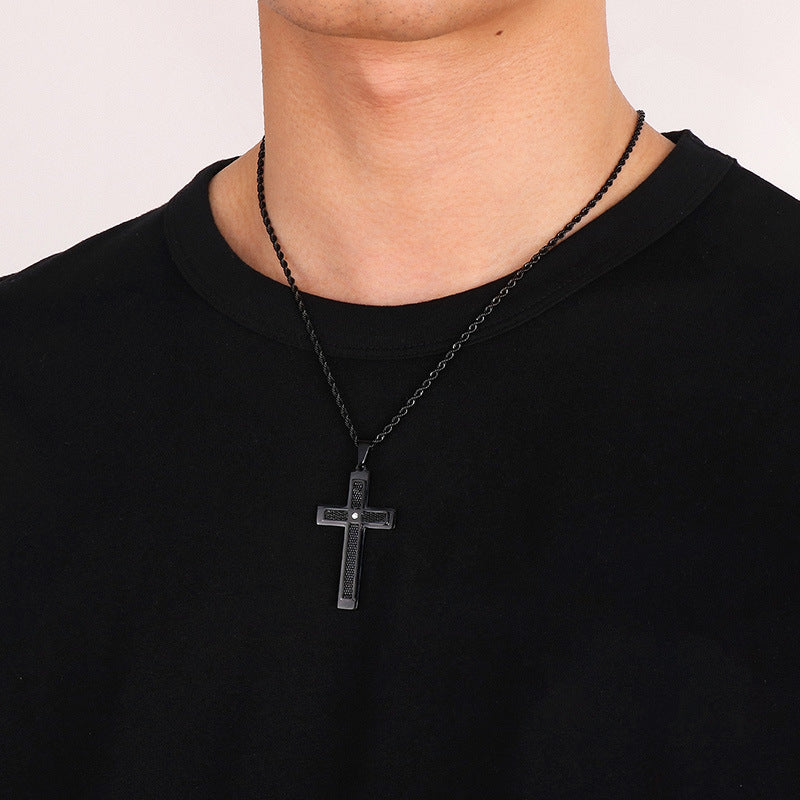 Street Pendant, Zircon Double-Layer Mesh Cross Stainless Steel Man Pendant Necklace