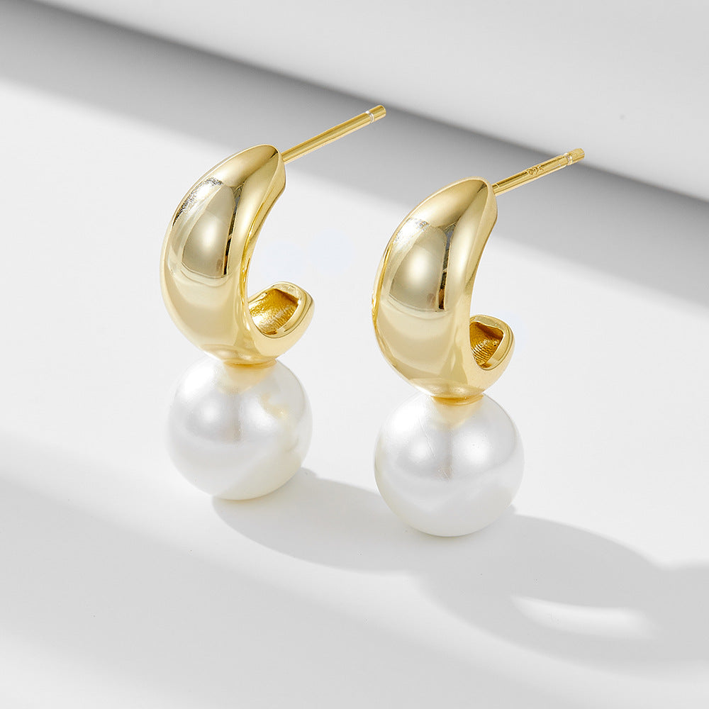 C Shaped Round Pearl Sterling Silver Drop Earrings
