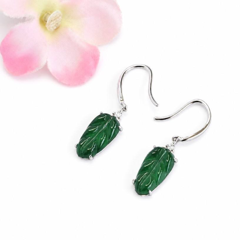 Jadeite Leaf 925 Silver Hook Earrings