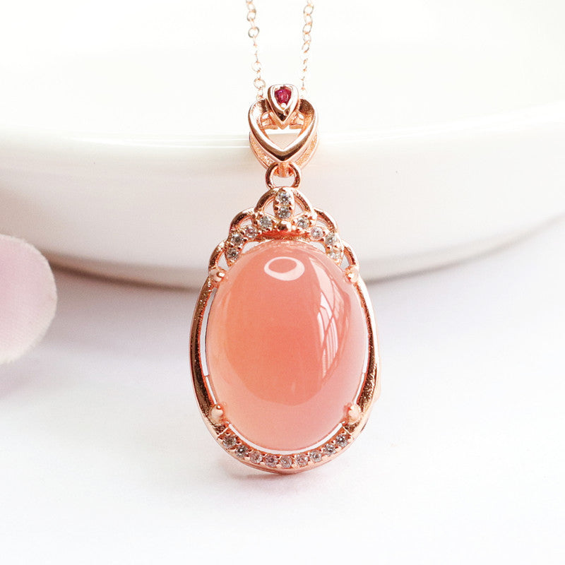 Sterling Silver Zircon Love Rose Gold Necklace with Natural Oval Agate Pendant
