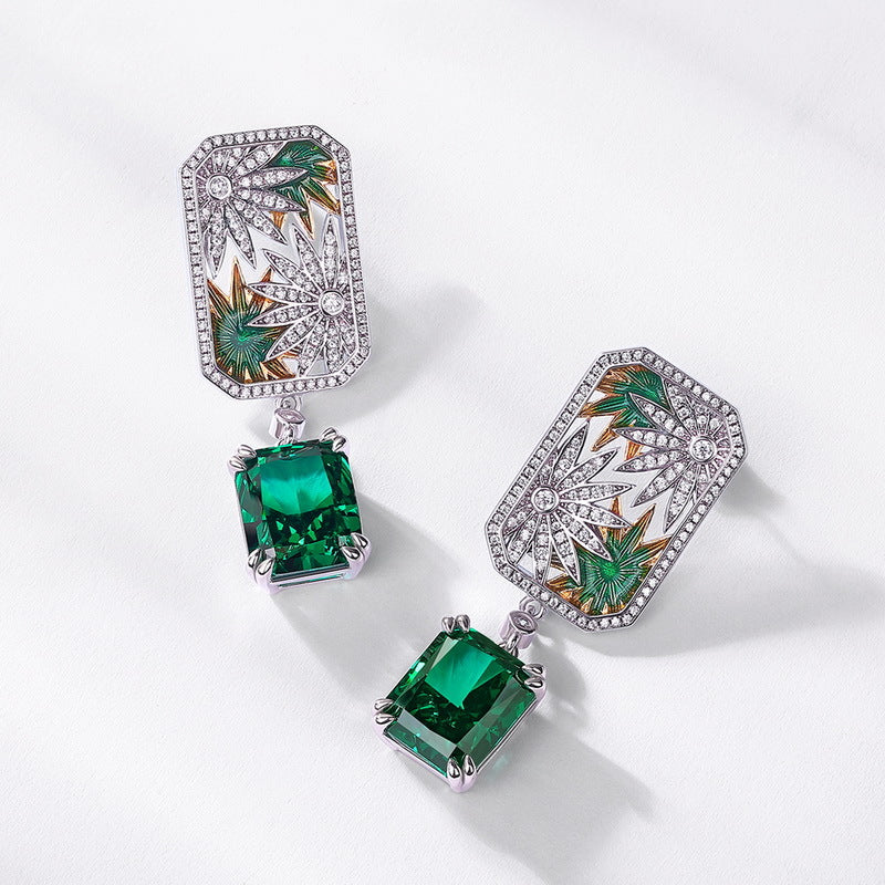 S925 Sterling Silver Synthetic Green Gemstone Openwork Stud Earrings
