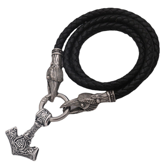 Viking Odin Thunder Hammer Necklace with Rune Characters and Crow Head Pendants