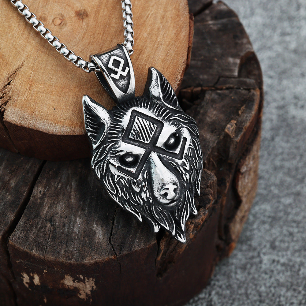 Vintage Viking Rune Wolf Head Stainless Steel Pendant Necklace
