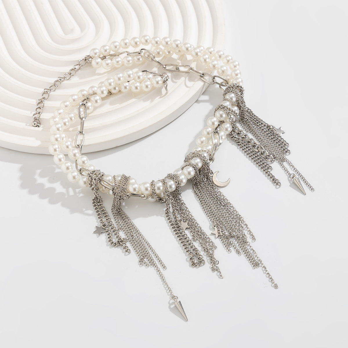 European and American cross-border jewelry exaggerated metal rivet cross necklace fashionable multi-layer imitation pearl star and moon fringed necklace