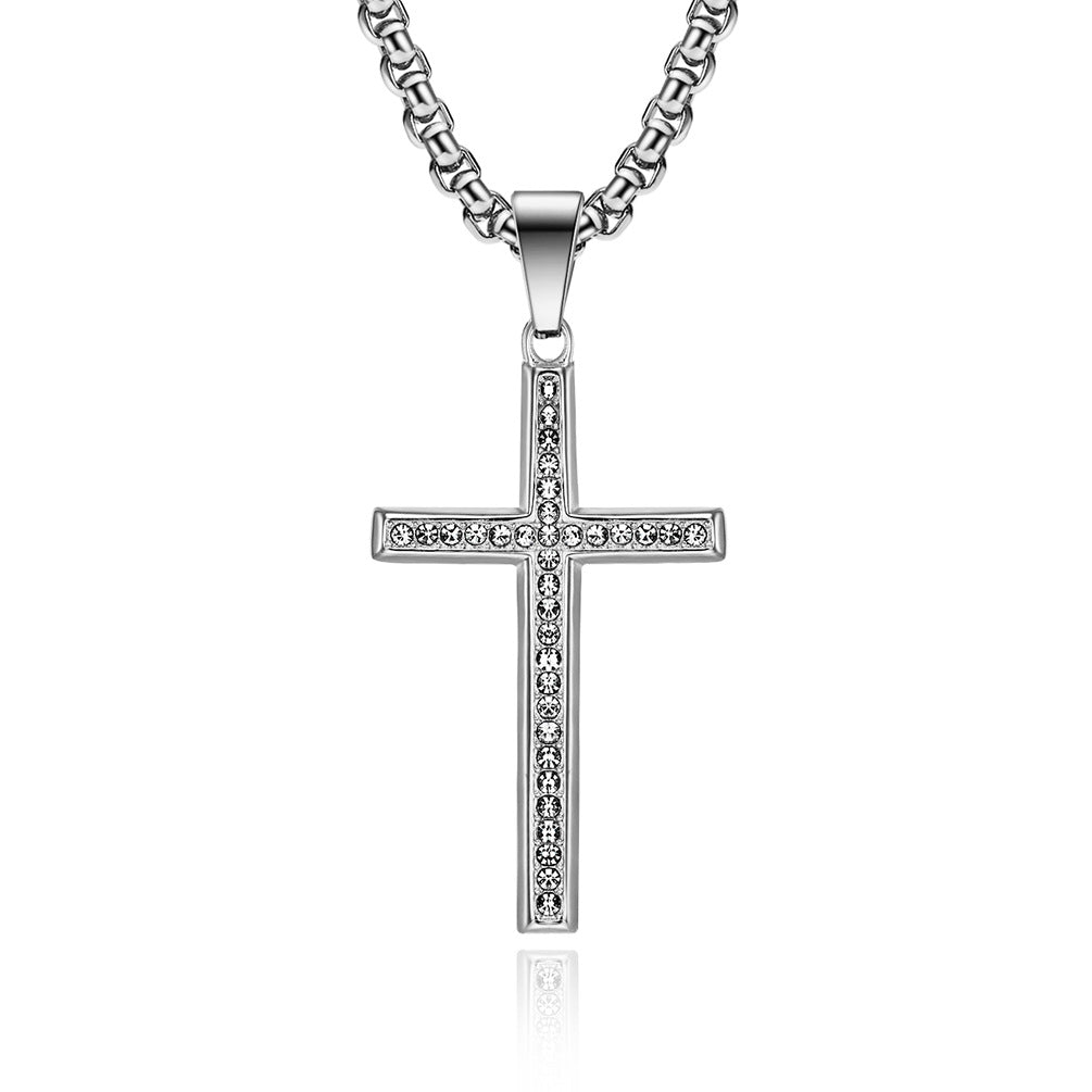 Planderful Zircon Cross Necklace Titanium Steel Beveled Pendant For Hip Hop Fans