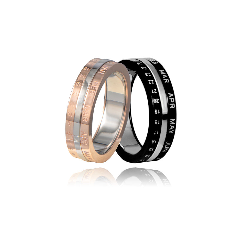 Adjustable Rotating Gold Calendar Ring for Men, Stainless Steel Letter and Number Design, Titanium Steel with Spot Wipe Finish