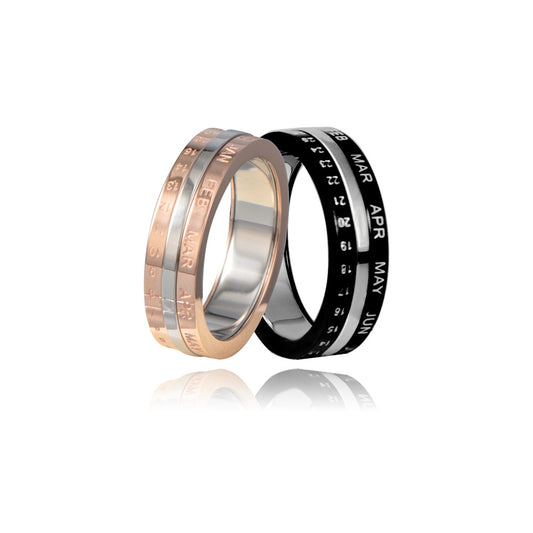Adjustable Rotating Gold Calendar Ring for Men, Stainless Steel Letter and Number Design, Titanium Steel with Spot Wipe Finish