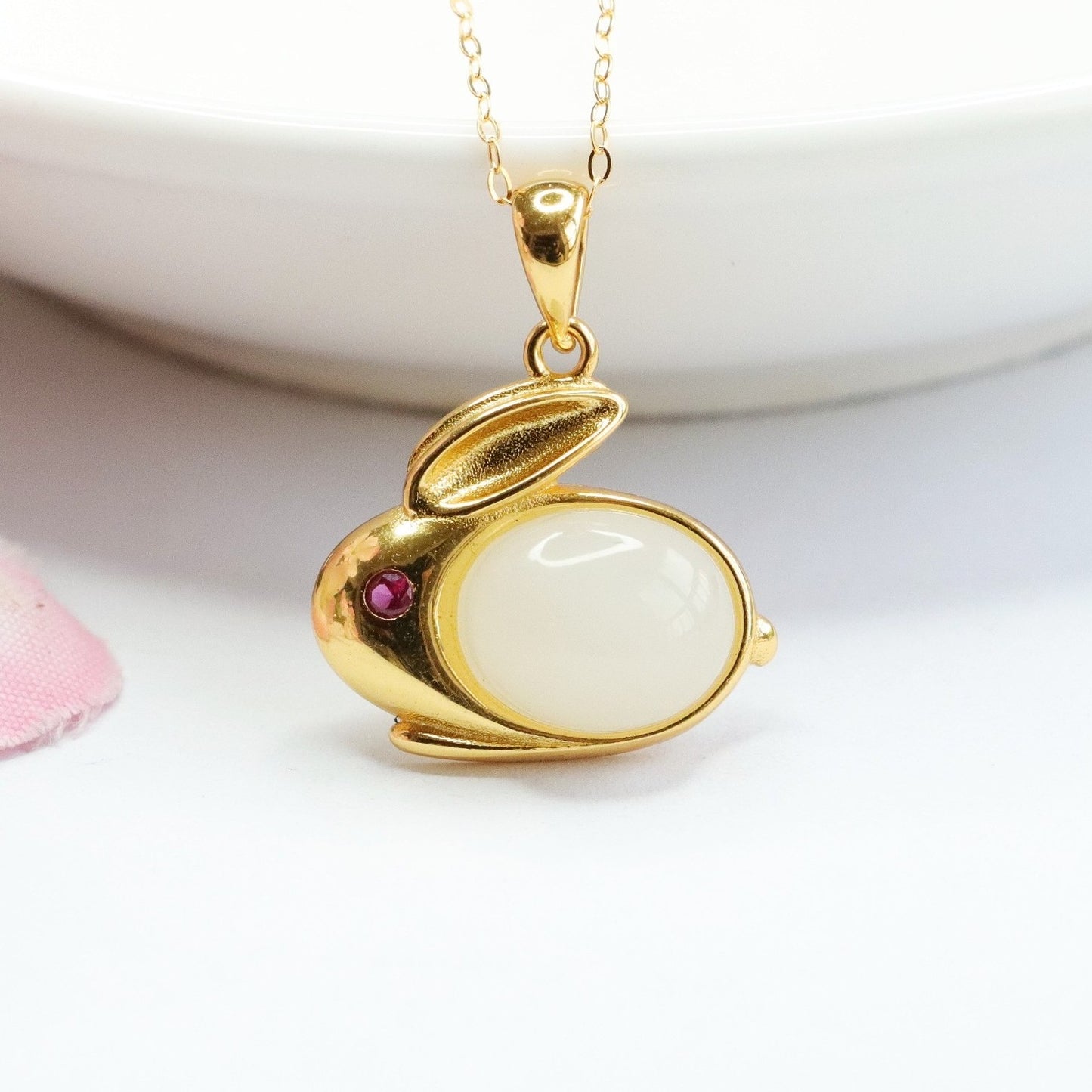 S925 Silver Natural Hetian Jade White Jade Rabbit Necklace