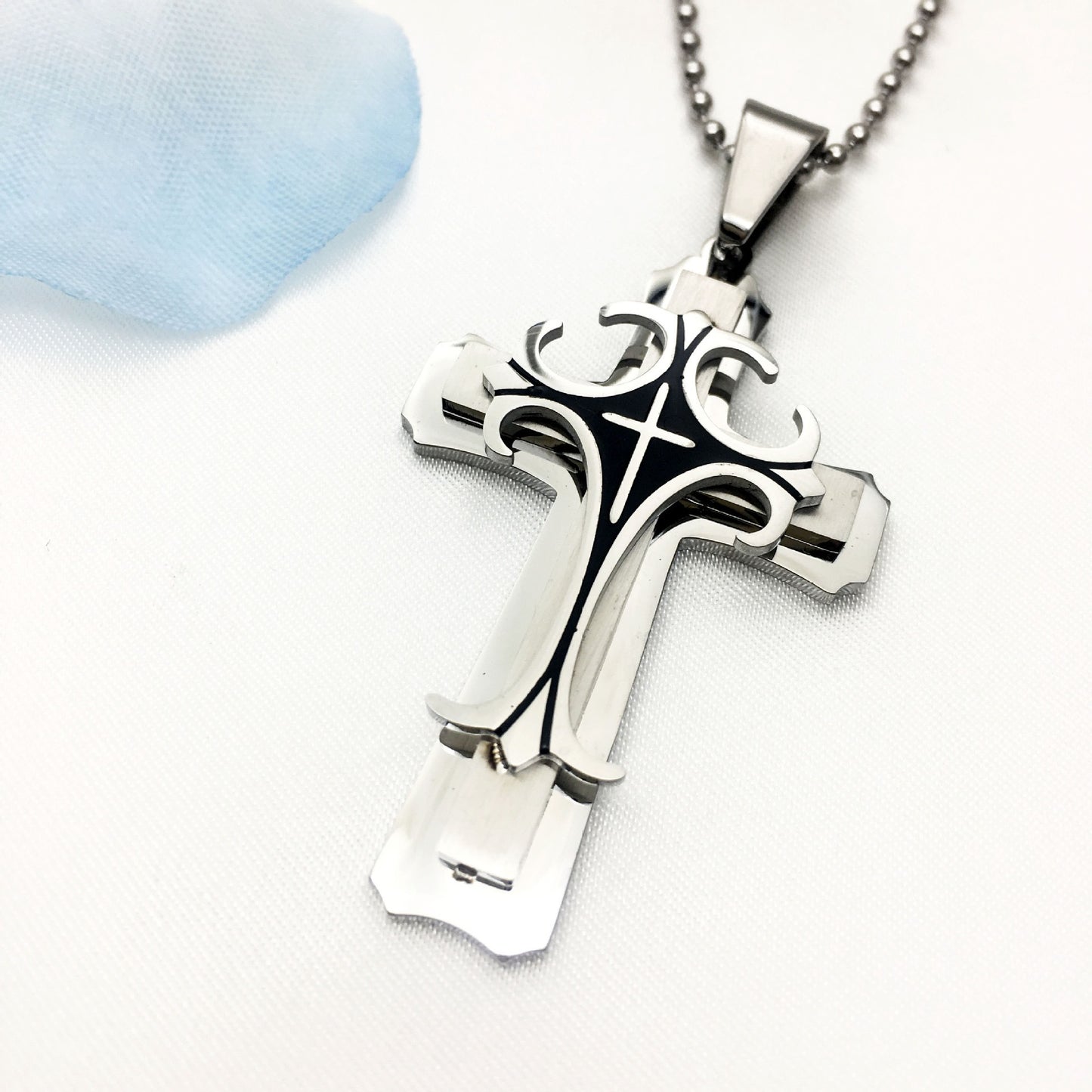 Planderful Titanium Steel Long Necklace With Bold Three Layer Cross Pendant For Men Gift For Him