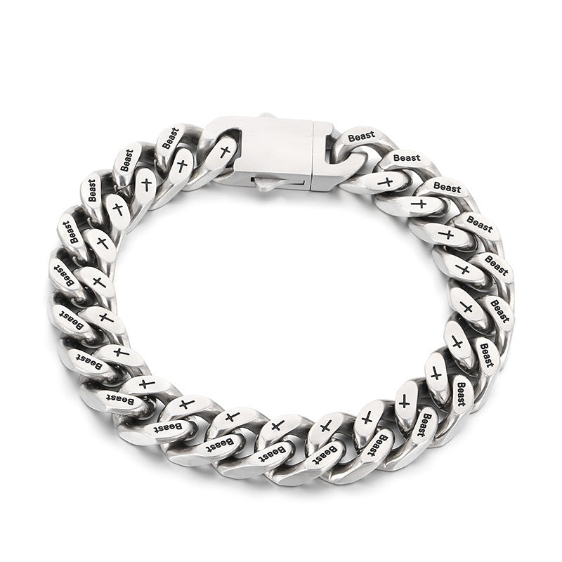 Niche Hip Hop Cross Beast Bracelet – Stainless Steel Engraved La Sand Cuban Chain Men's