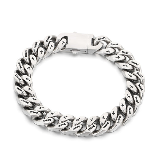 Niche Hip Hop Cross Beast Bracelet – Stainless Steel Engraved La Sand Cuban Chain Men's