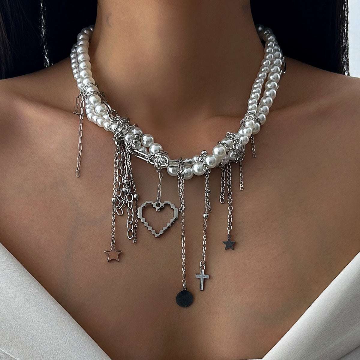 European and American cross-border jewelry exaggerated metal rivet cross necklace fashionable multi-layer imitation pearl star and moon fringed necklace