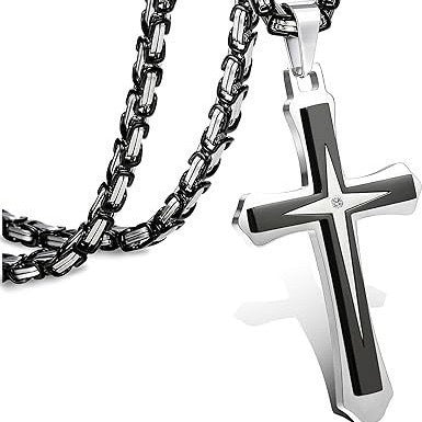 Planderful Two Tone Titanium Steel Cross Necklace For Men Double Layer Trendsetting Hip Hop Style Personalized Jewelry
