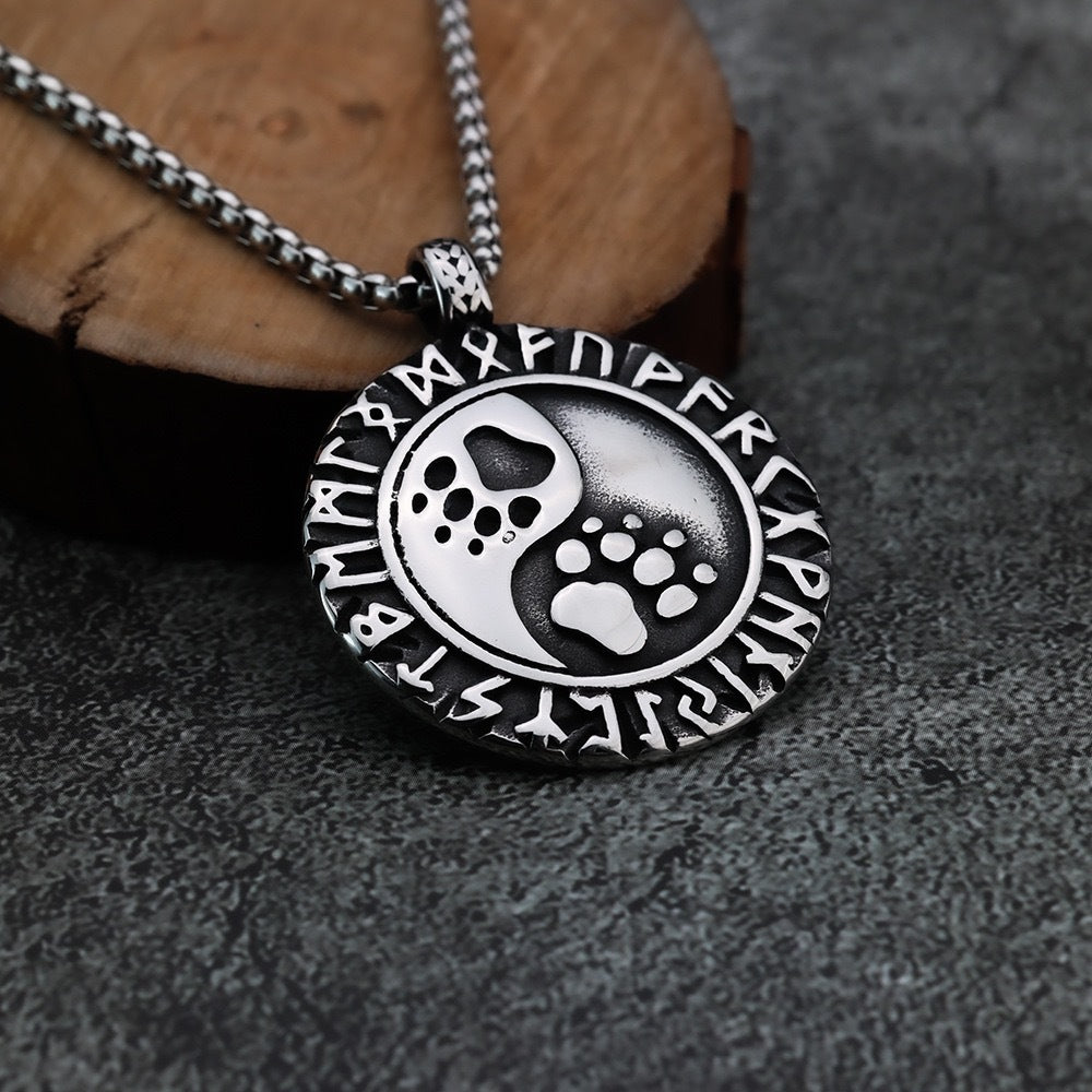 1) Planderful Viking Rune Pendant Necklace For Men In Stainless Steel With Personalized Paw Motif Gift