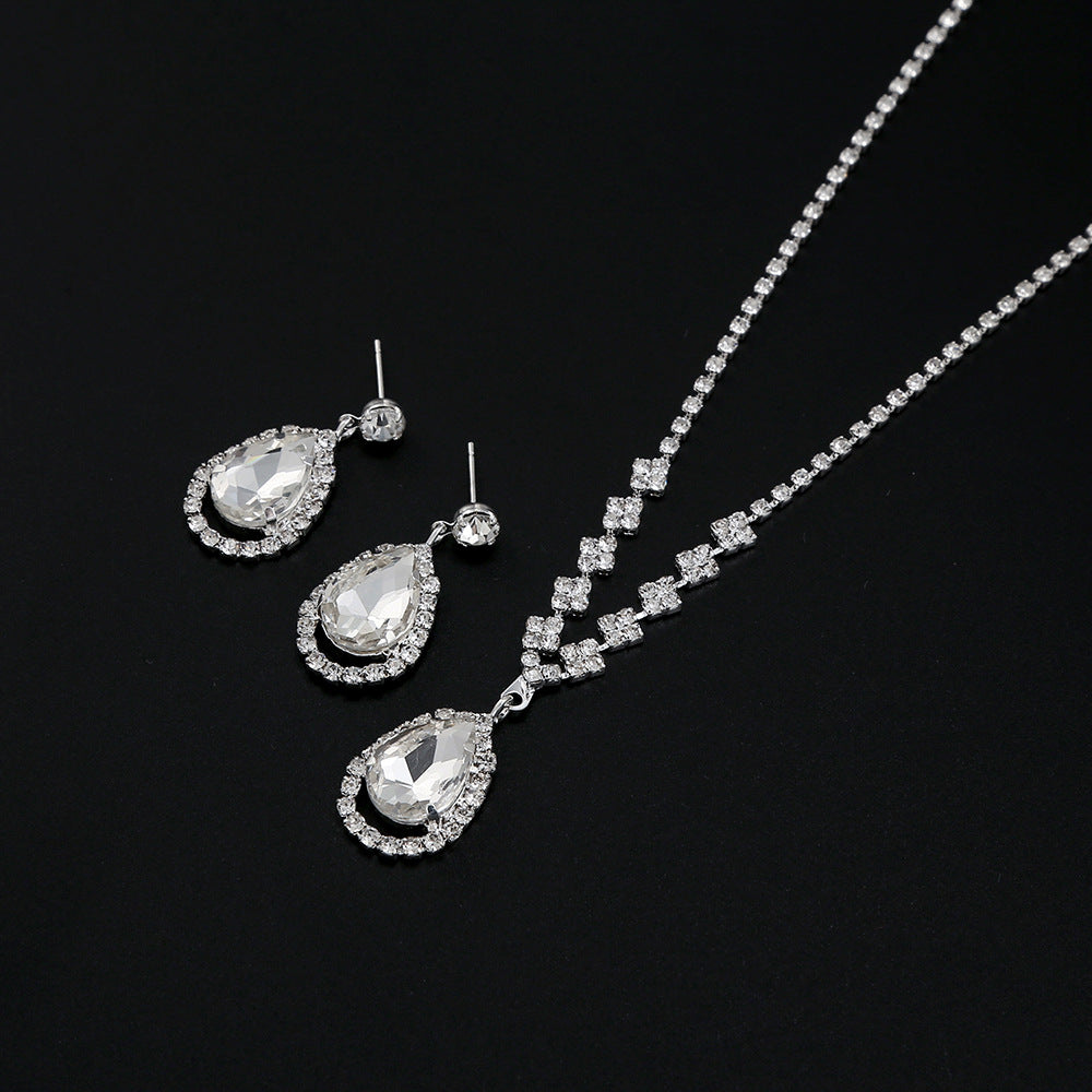 Rhinestone Clavicle Chain Necklace Set with Fringed Drop Earrings