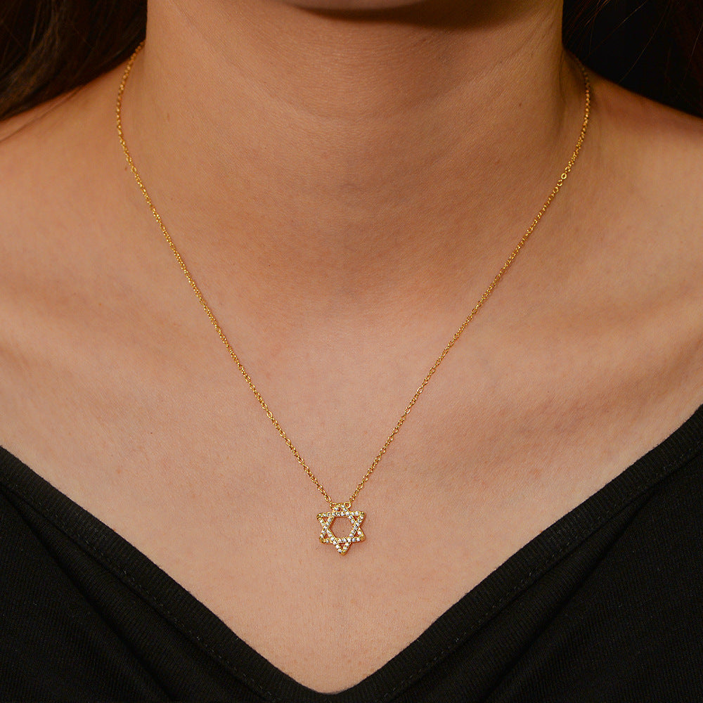 S925 Sterling Silver Hexagram Pendant Necklace Micro-Inlaid Zircon Personality Geometric Symbol