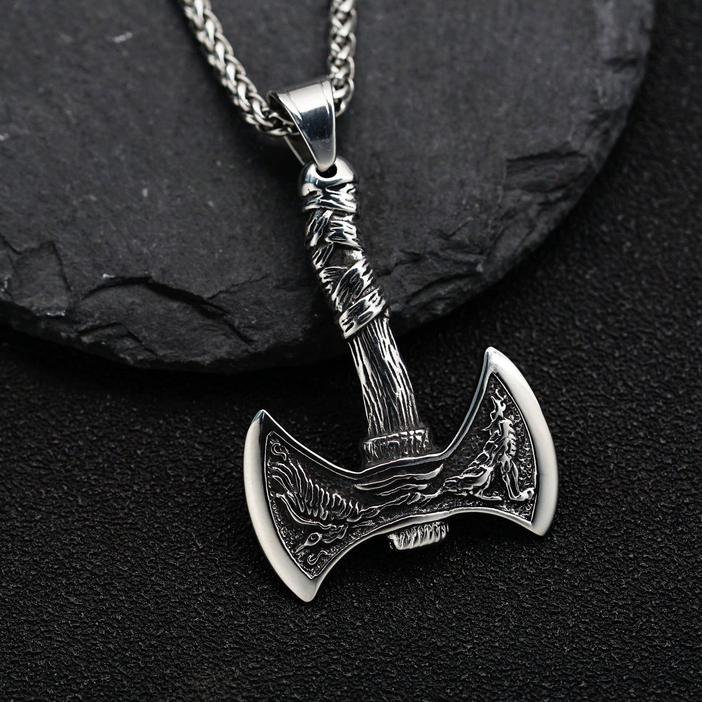 Steel Necklace - Vintage Viking Crow Head Double Axe Pendant