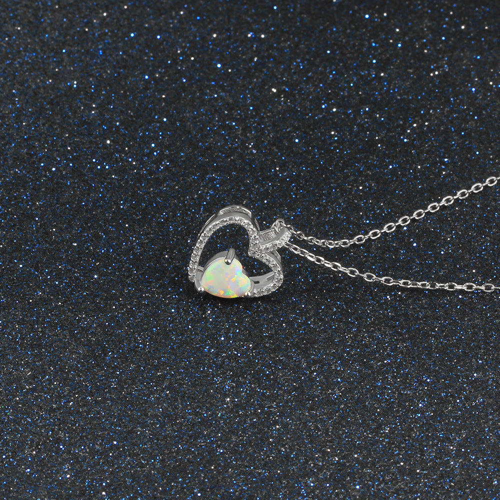 Planderful Jewelry Opal Heart Necklace in Sterling Silver with Elegant Heart Pendant