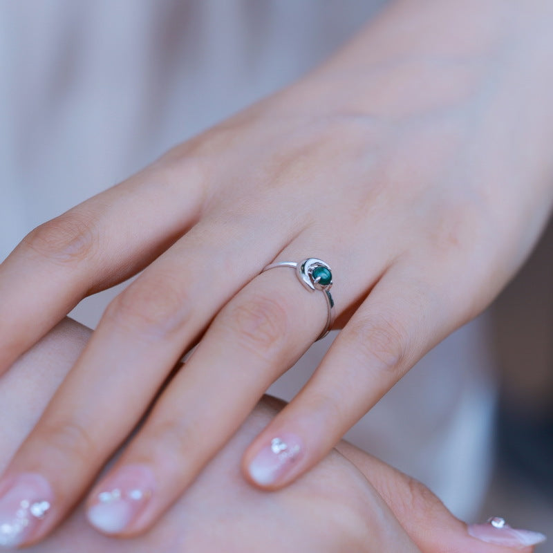 S925 Sterling Silver Moss Agate Star & Moon Ring