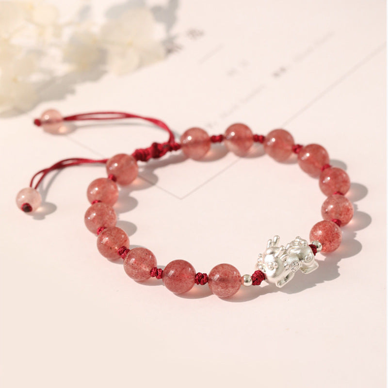 Strawberry Crystal Woven Rope Silver Bracelet with Pixiu Wealth Calling