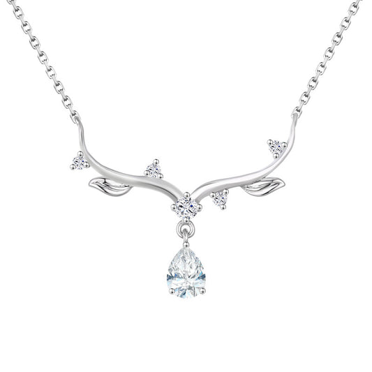 Christmas Deer Horn Pendant Pear Shape Zircon Sterling Silver Necklace