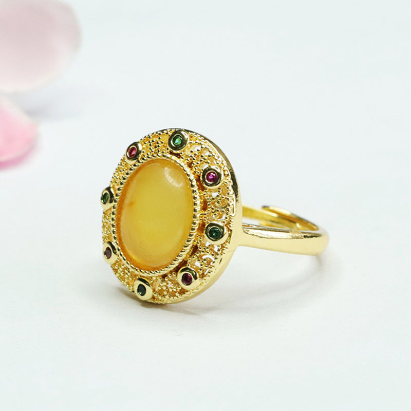 Hollow Honey Amber Zircon Silver Ring with Beehive Charm