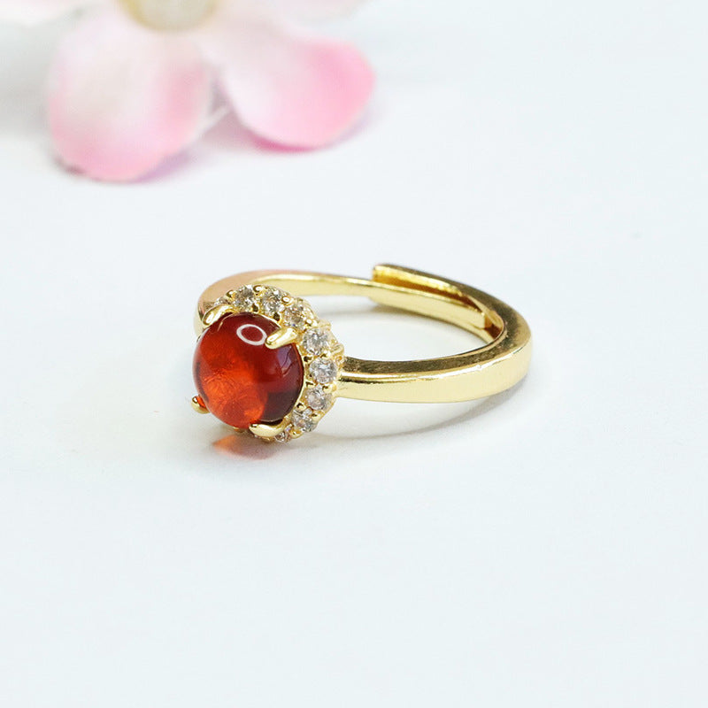 Amber Blood Zircon Ring with Halo Detail