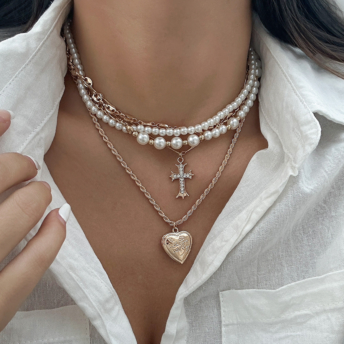 Pearl Cross Heavy Layered Choker