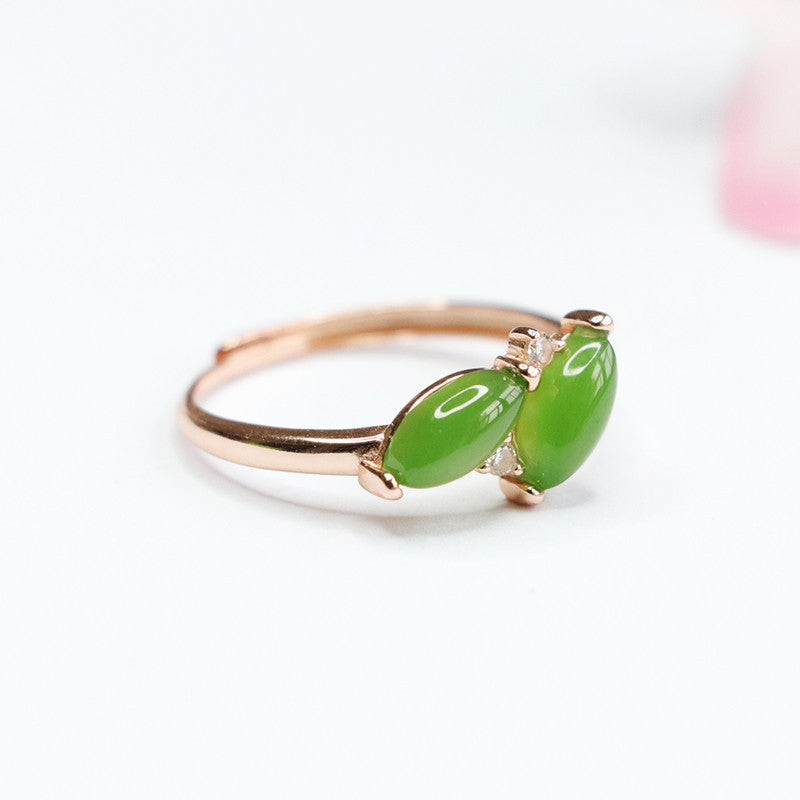 Leaf Jasper Ring with Natural Hotan Jade Twin Marquise Design