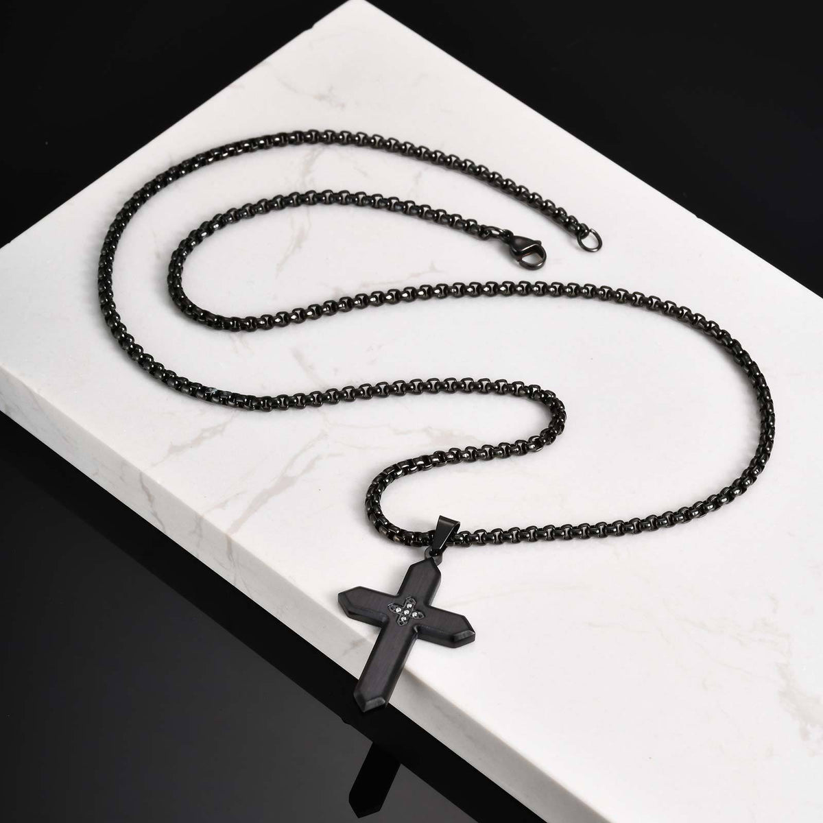 Unisex Classic Stainless Steel Inlaid Zircon Sand Surface Cross Pendant Square Pearl