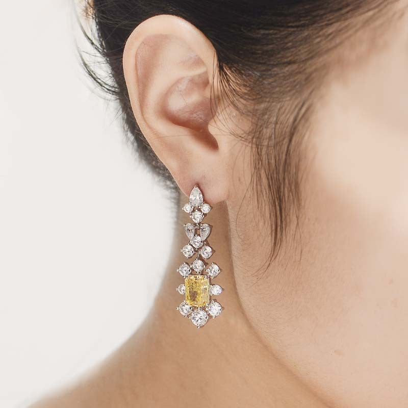 Rectangular Yellow Zircon Flower Tassel Drop Earrings