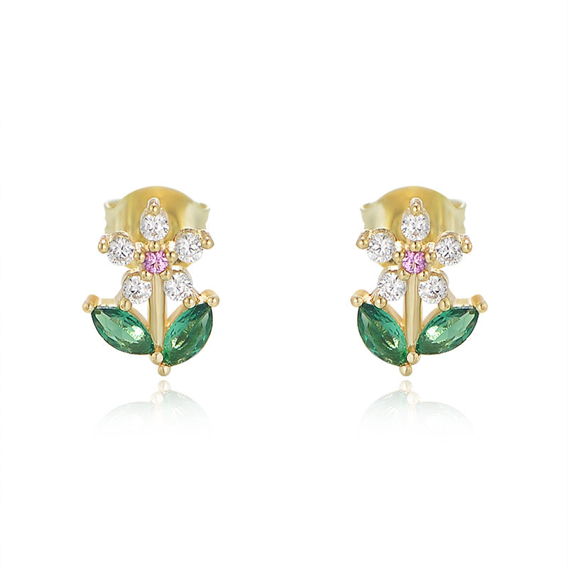 S925 Sterling Silver Zircon Flower Stud Earrings Sweet Mori Earrings