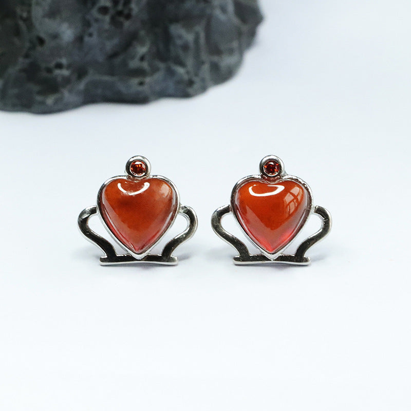 Orange Garnet Heart Crown 925 Silver Stud Earrings