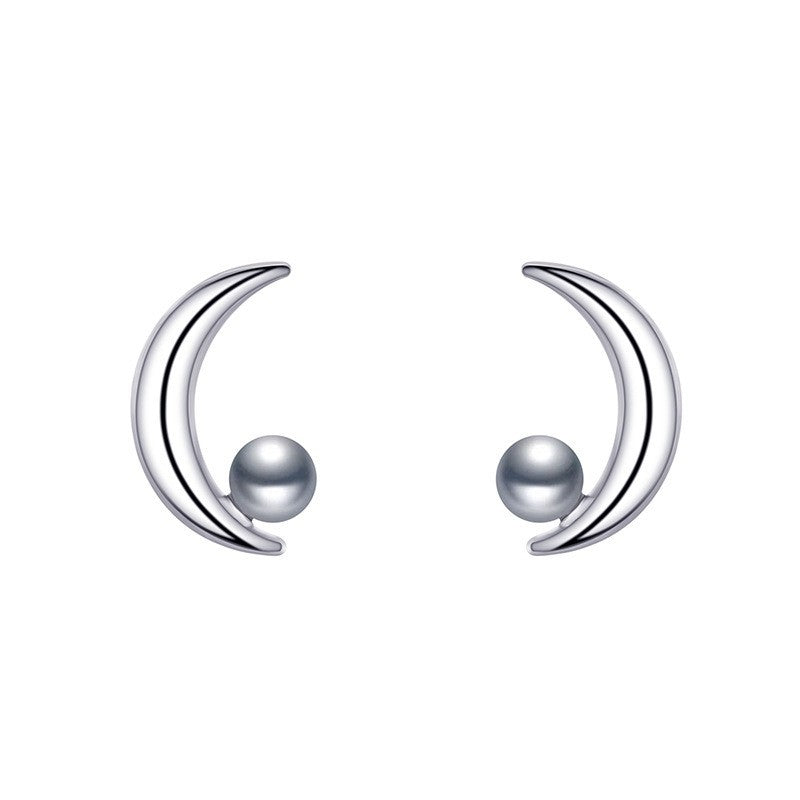 Minimalist Moon Pearl 925 Sterling Silver Women's Earrings