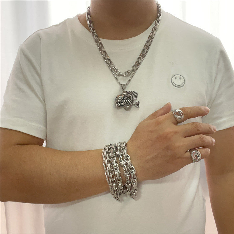 Trendy Titanium Steel Skull Fish Pendant Necklace for Men and Women