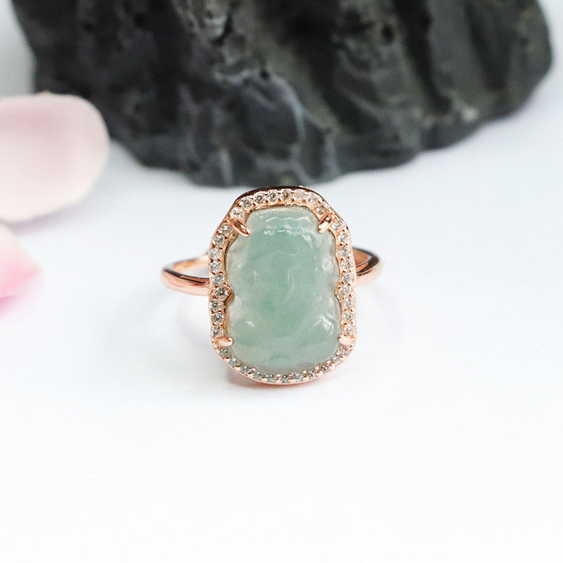 Natural Ice Blue Green Jade Pixiu Sterling Silver Ring