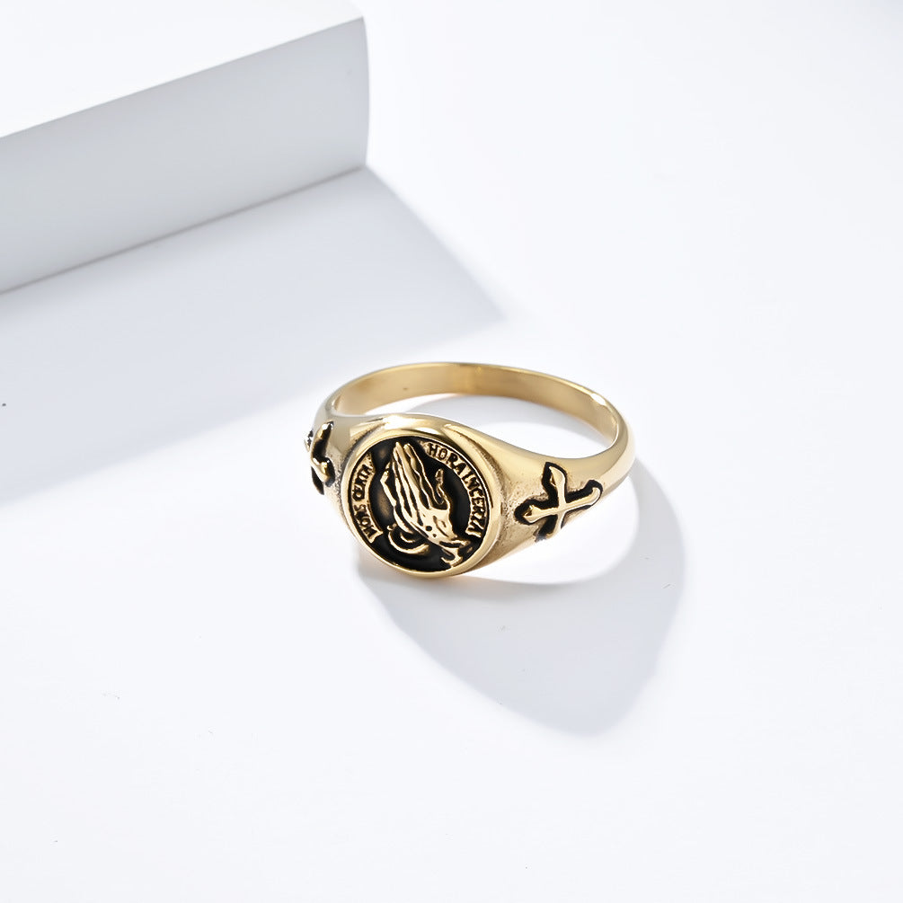 Cross-Border European and American Style Prayer Hand Cross Titanium Steel Ring Men's and Women's Wedding Ring