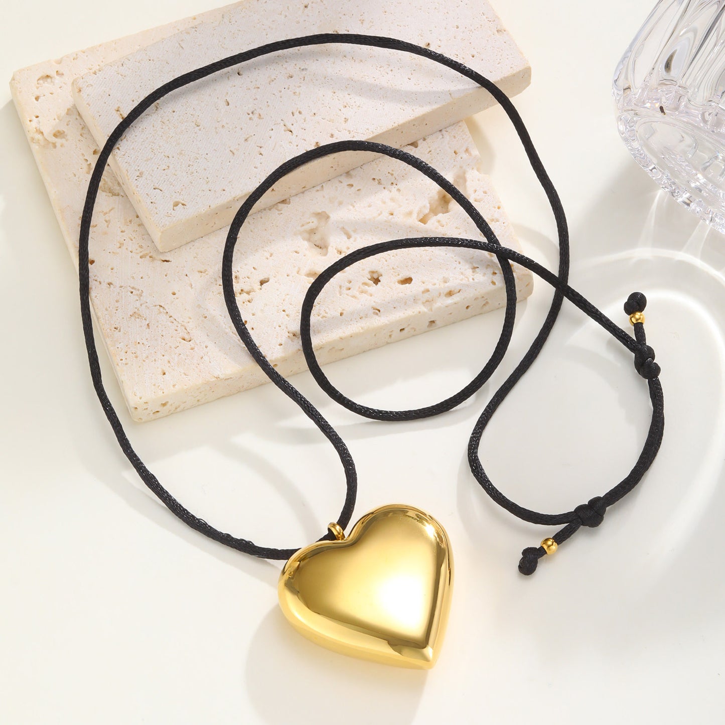 Stainless Steel Hollow Water Drop Heart Pendant Braided Rope Adjustable Necklace
