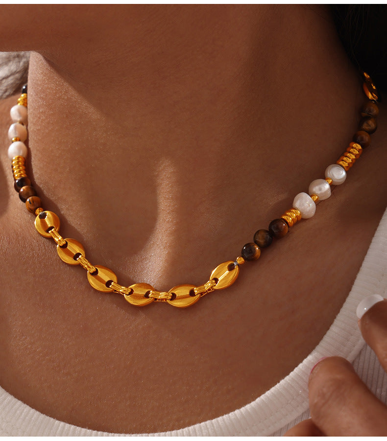 Luxurious Handmade Tiger's Eye and Pearl Beaded Necklace with Palace Style Titanium Steel Gold-Plating