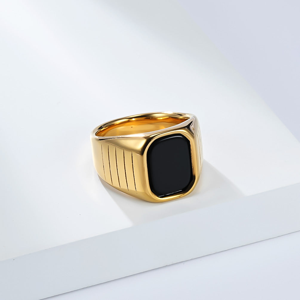 Planderful Men Titanium Steel Ring With Black Glass Gem Minimalist Fashion Ring For Everyday Wear