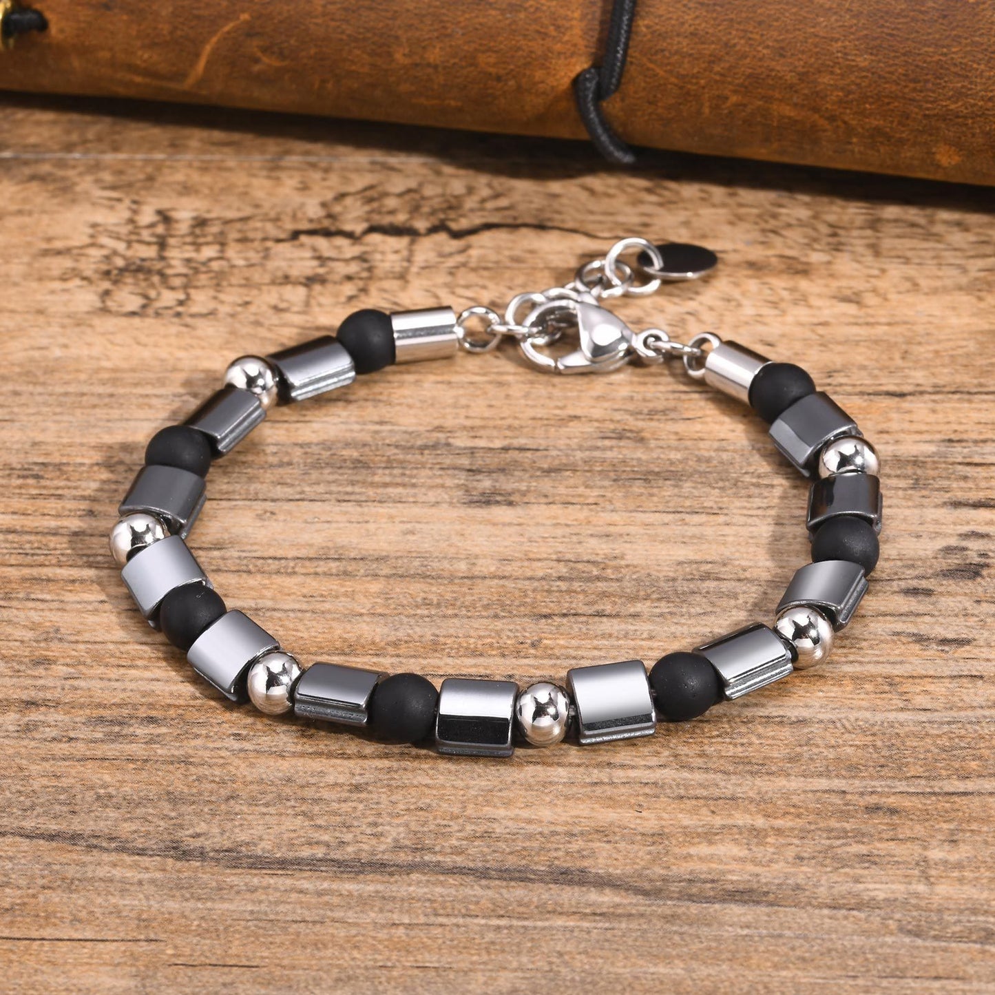 Men's Fashion Stainless Steel Frosted Agate Beaded Bracelet