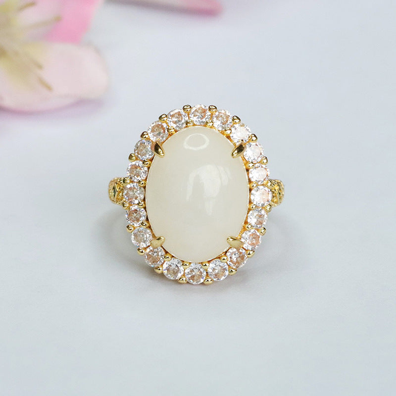 White Hetian Jade Zircon Halo Ring
