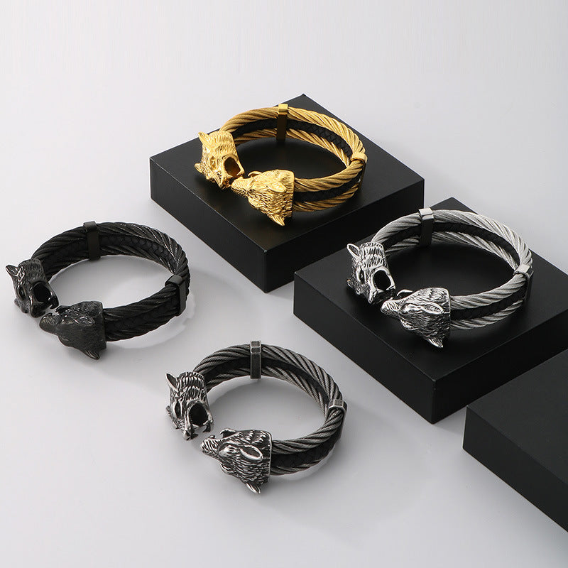 Planderful Mens Open Leather Bracelet With Double Wolf Head