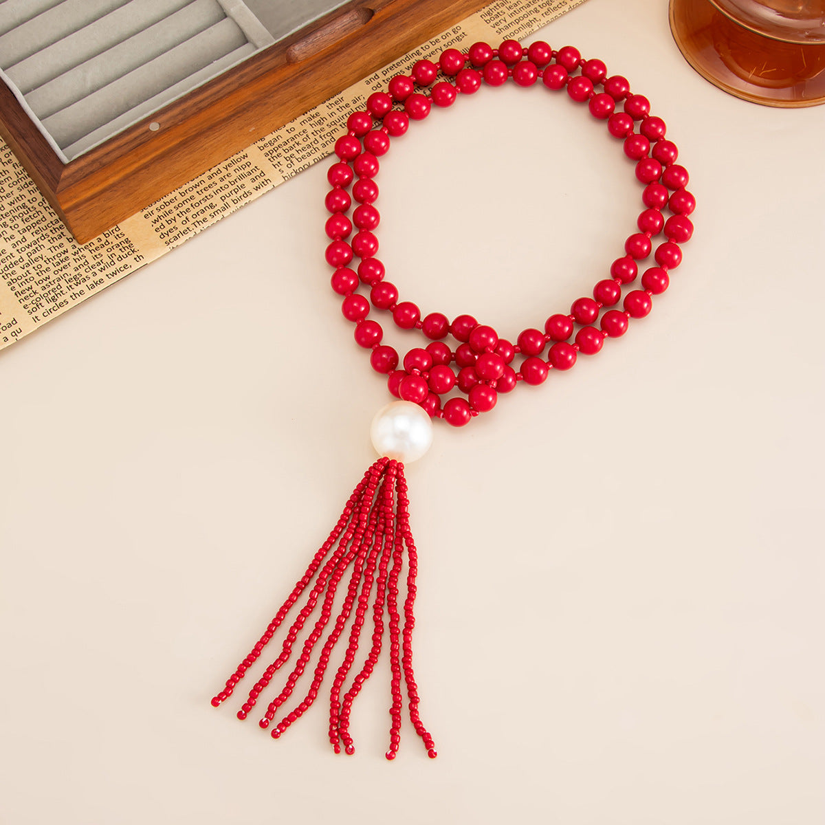 Acrylic Beaded Rice Bead Necklace Exaggerated Large Round Bead Y-Shaped Fringed
