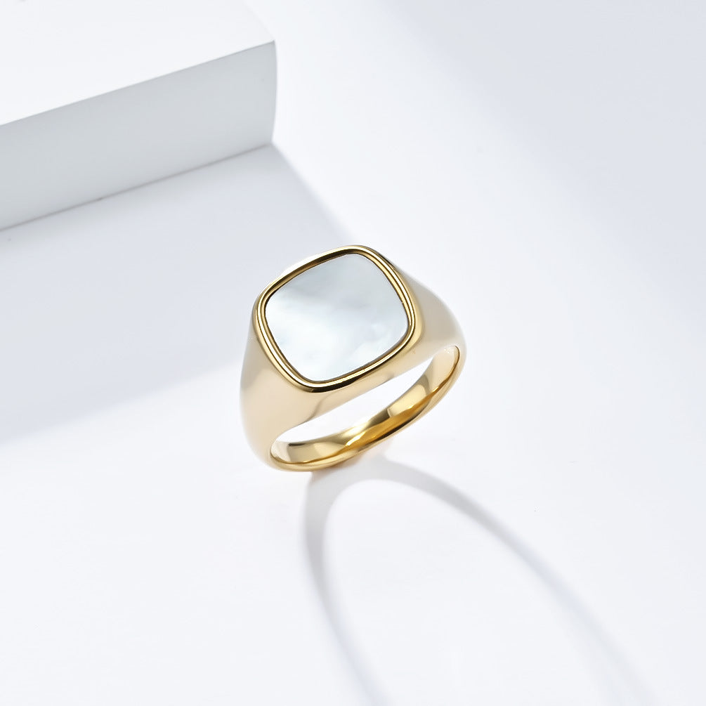 Planderful Titanium Steel Ring Unisex Square Seal With Shell Inlay Light Luxury Fashion Jewelry